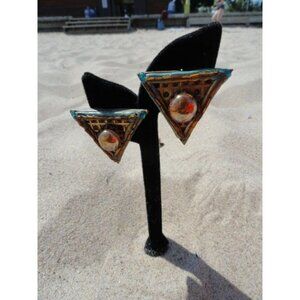 1980's Handmade Resin Triangle Earrings Amber Cabochon Embellished Beads Clip On